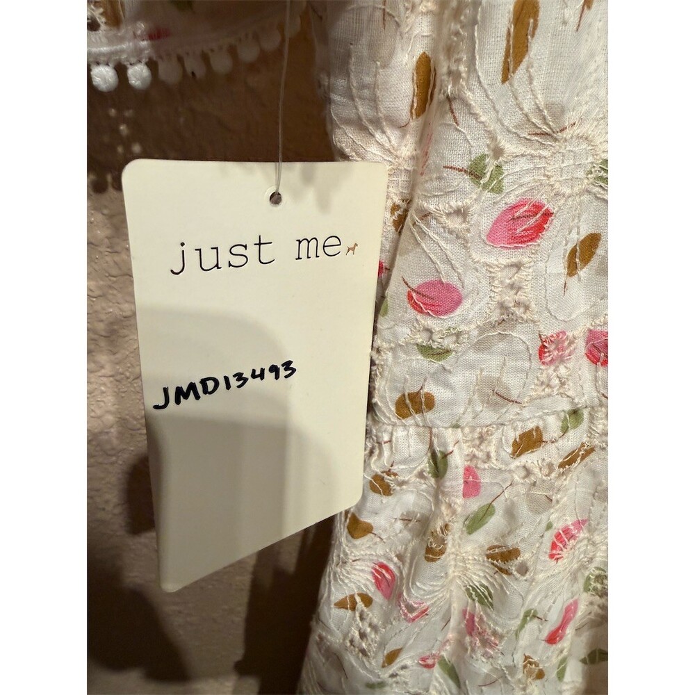 Just Me Floral Tiered Mini Dress Womens Size S Ivory Pink Puff Sleeve NWT - Picture 5 of 8